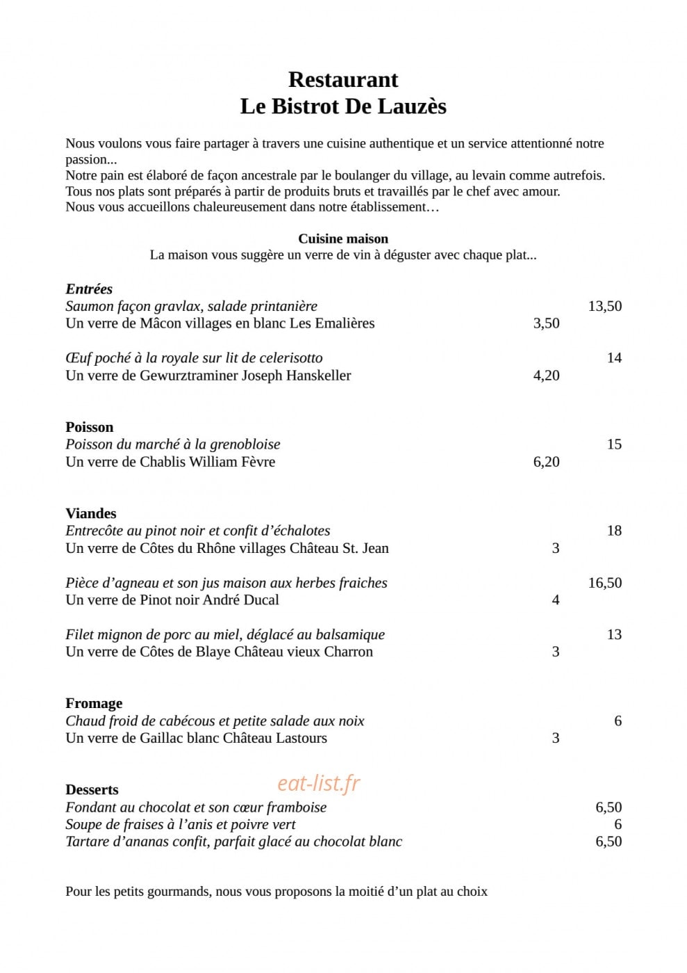 Le Bistrot de Lauzès — carte page 1