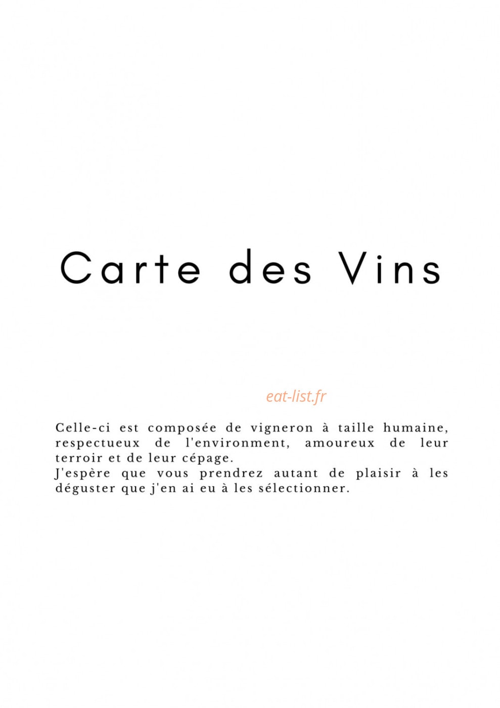Menu Le Voyage D'Ernestine - La carte des vins