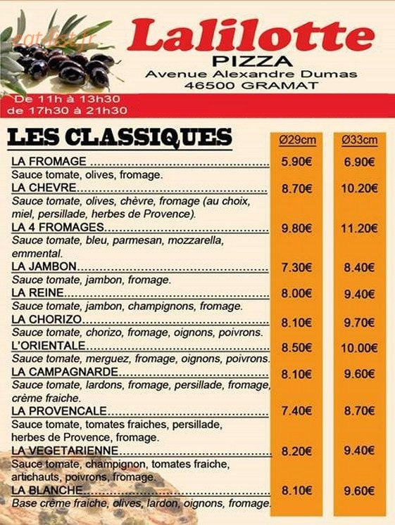 Lalilotte Pizza — carte page 1
