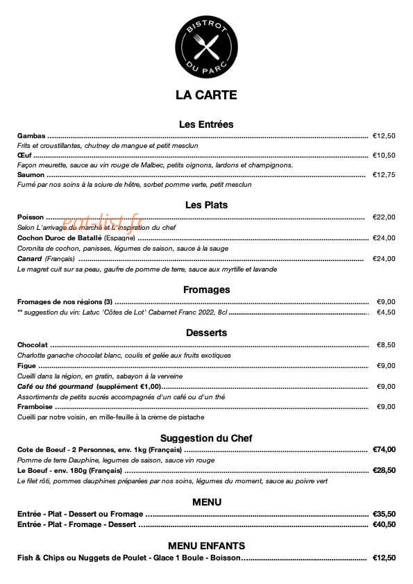 Bistrot du Parc — carte page 1