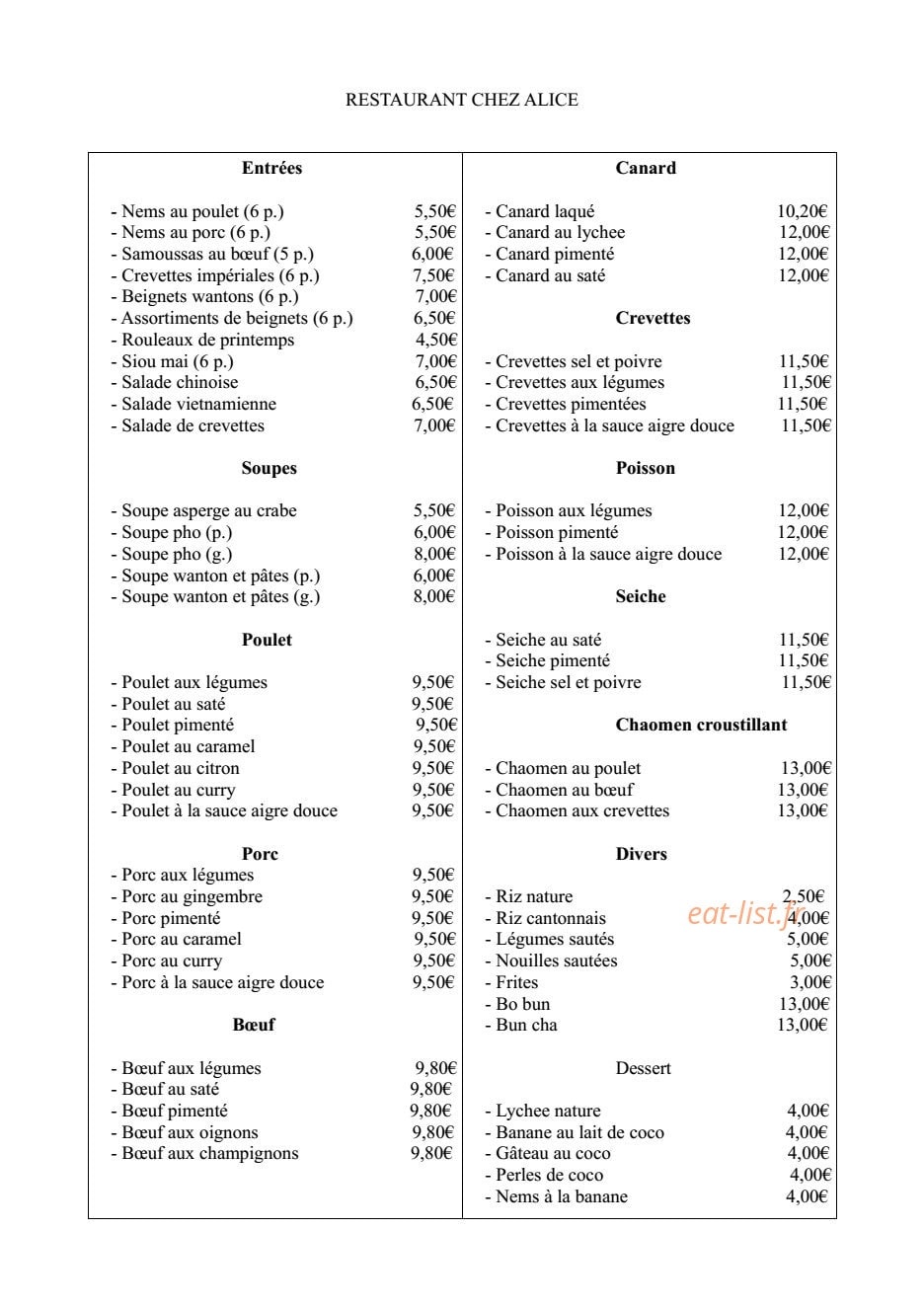 Chez Alice — carte page 1