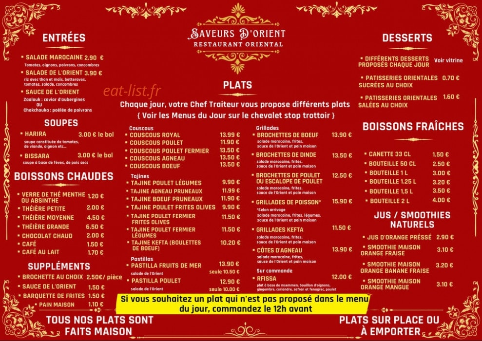 Saveurs d'Orient — carte page 1