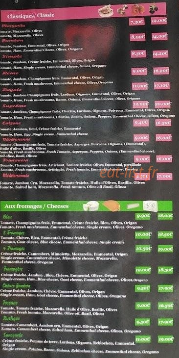 Le chalet à Pizzas — carte page 1