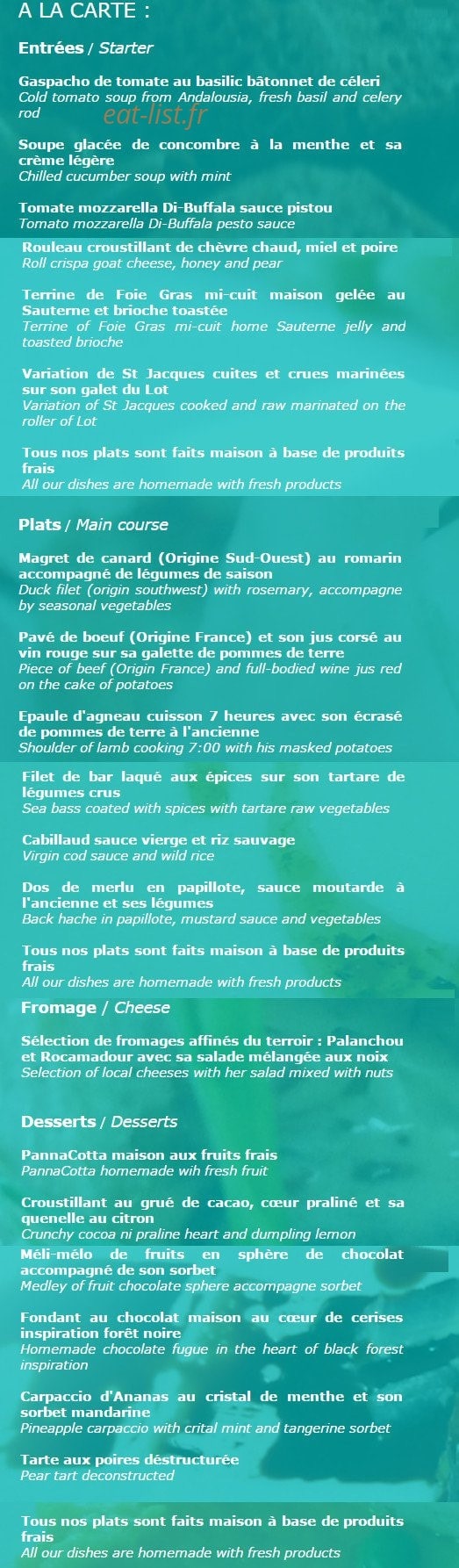 Carte et menu de Le Patio d'Hauteville à Penne d'Agenais — Entrées, plats, fromages,...