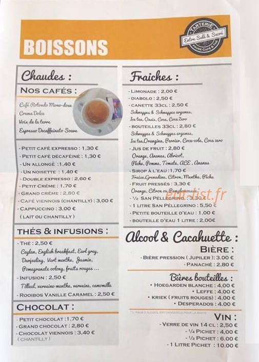 Carte et menu de Entre salé et sucré à Saint Sylvestre sur Lot — boissons