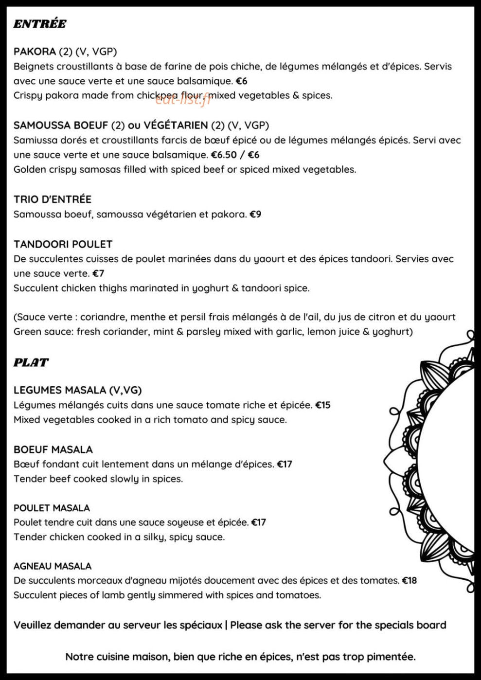 The Spice Kitchen — carte page 1