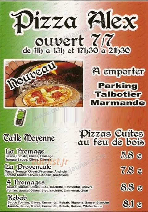 Pizza alex — carte page 1