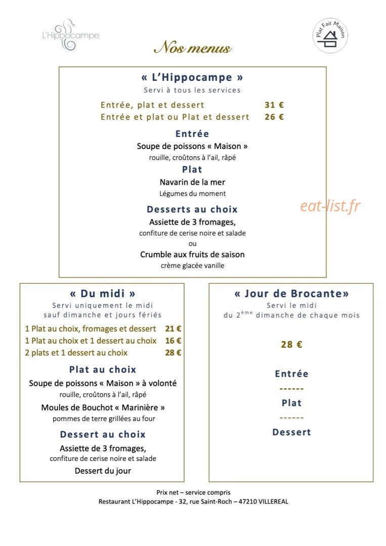 Carte et menu de L'hippocampe à Villereal — Menus