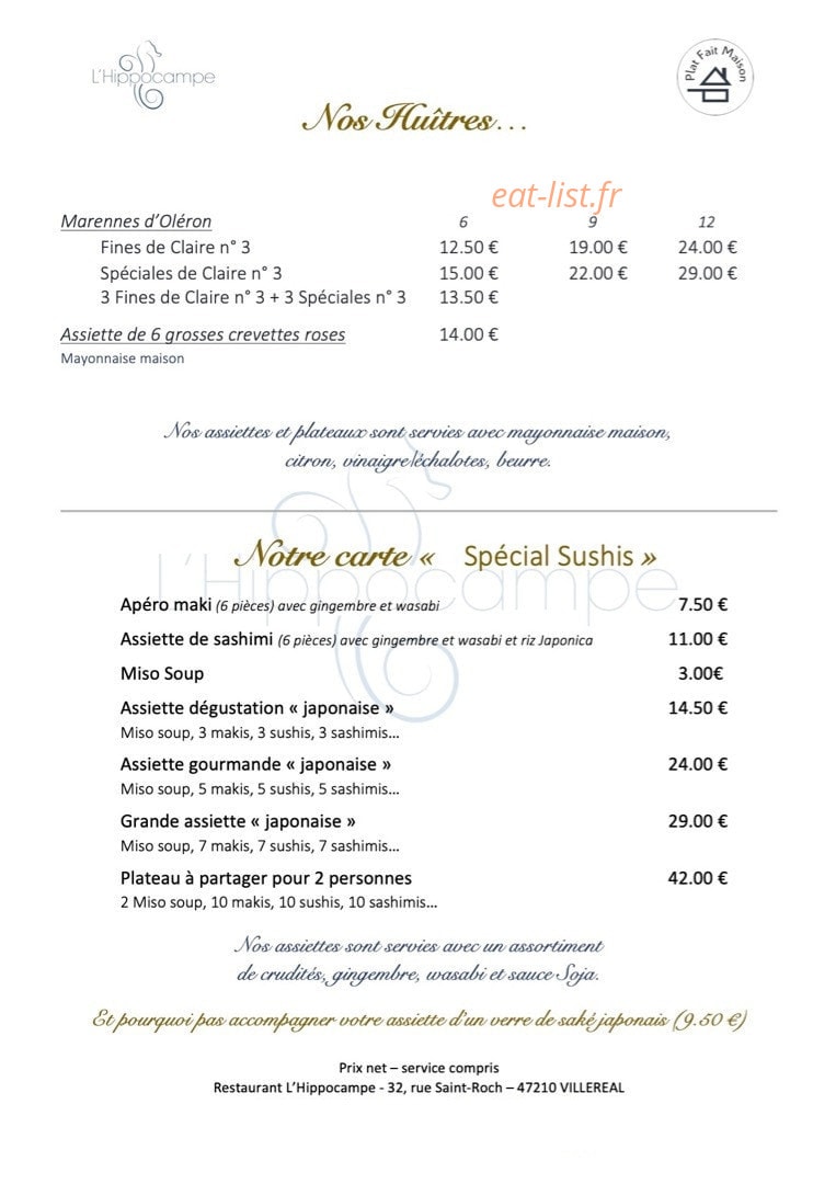 Carte et menu de L'hippocampe à Villereal — Huîtres et sushis