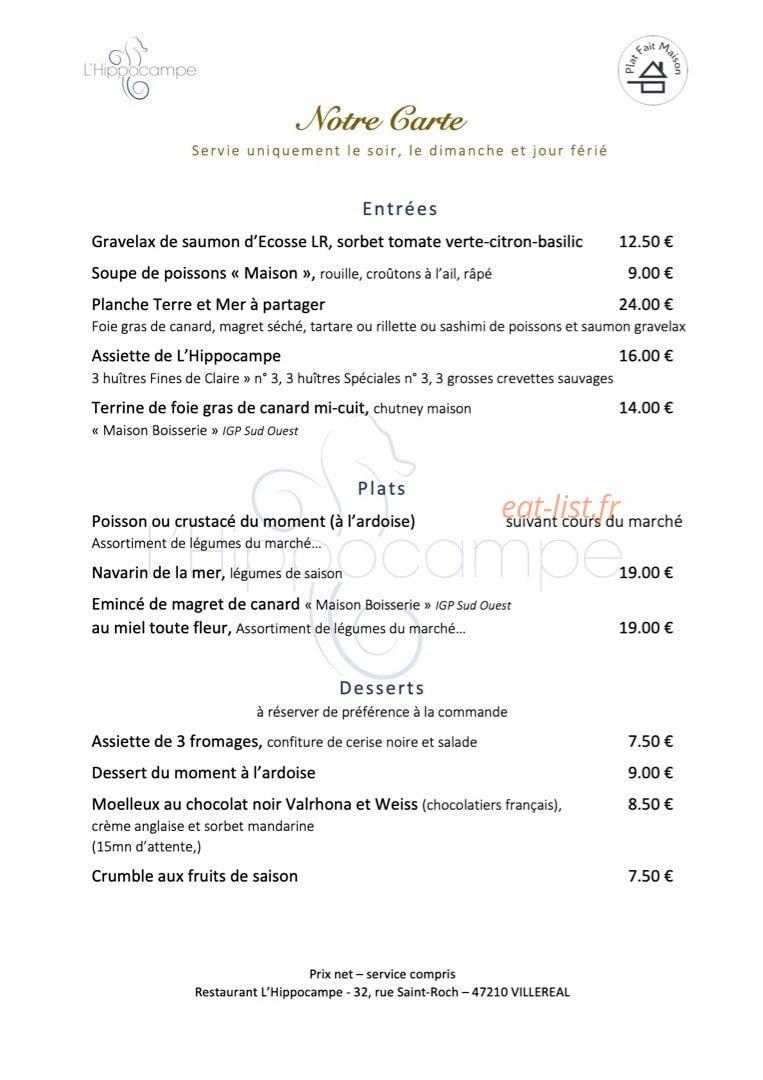 Carte et menu de L'hippocampe à Villereal — Entrées, plats et desserts