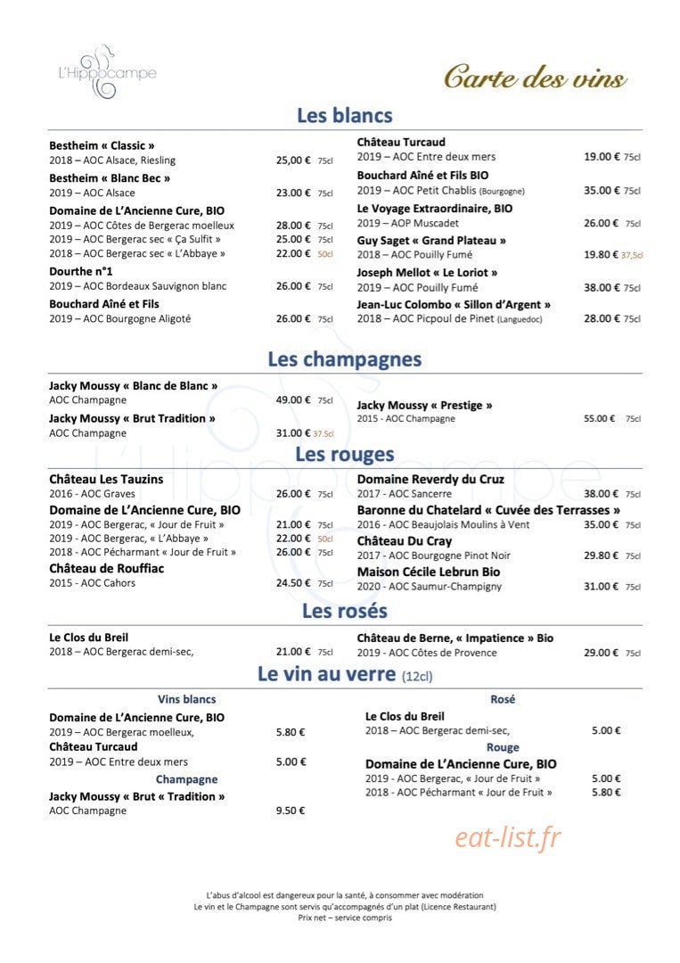 Carte et menu de L'hippocampe à Villereal — Vins