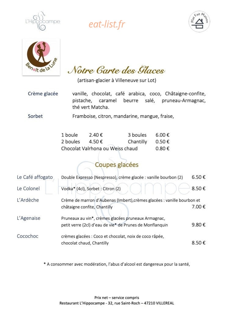 Carte et menu de L'hippocampe à Villereal — Glaces