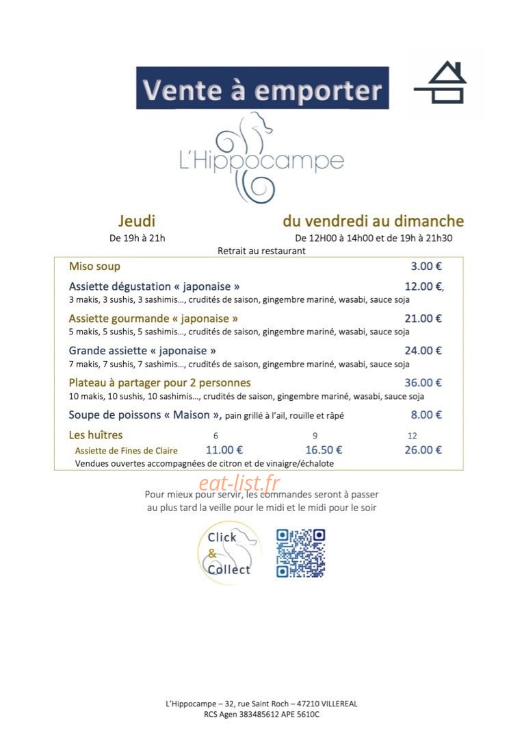 Carte et menu de L'hippocampe à Villereal — A emporter