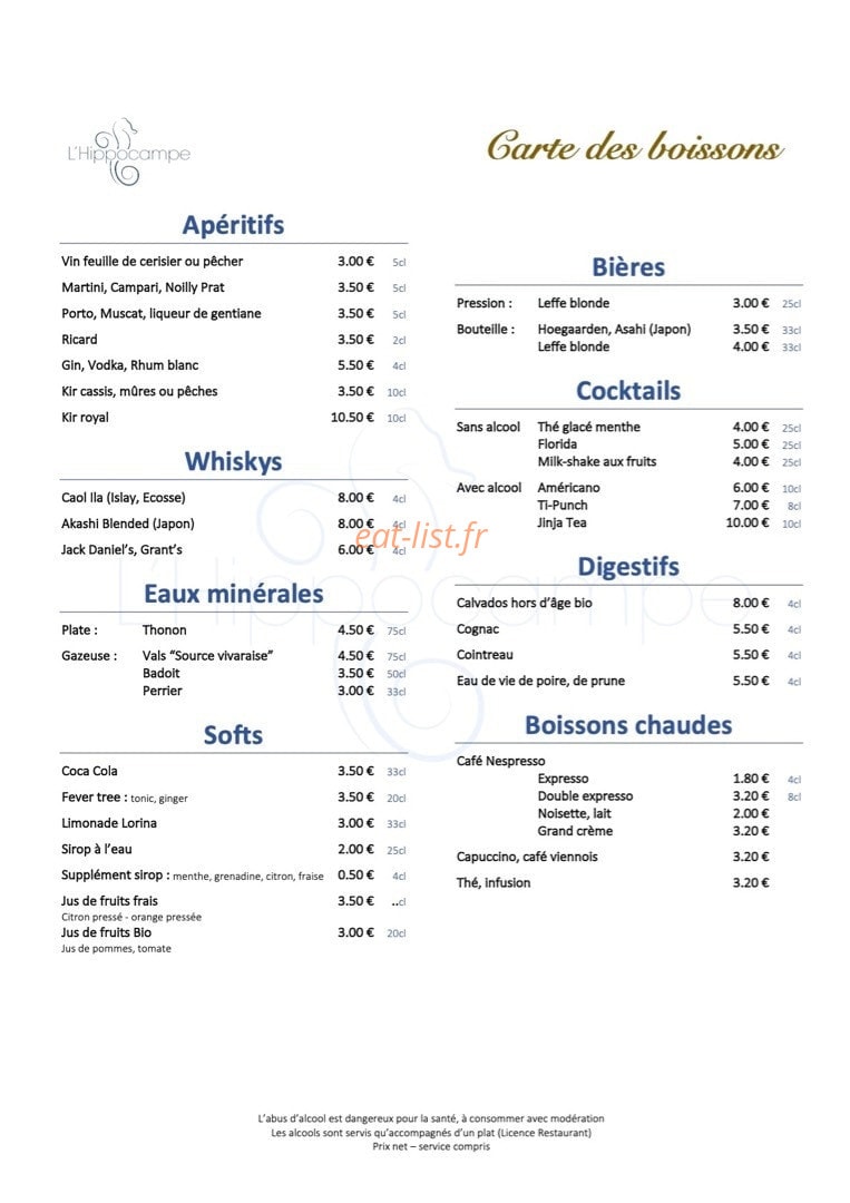 Carte et menu de L'hippocampe à Villereal — Boissons