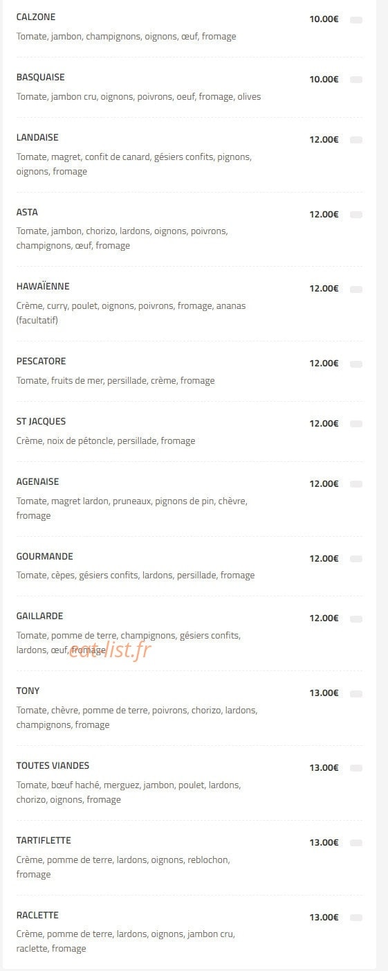 Asta Pizza — carte page 2