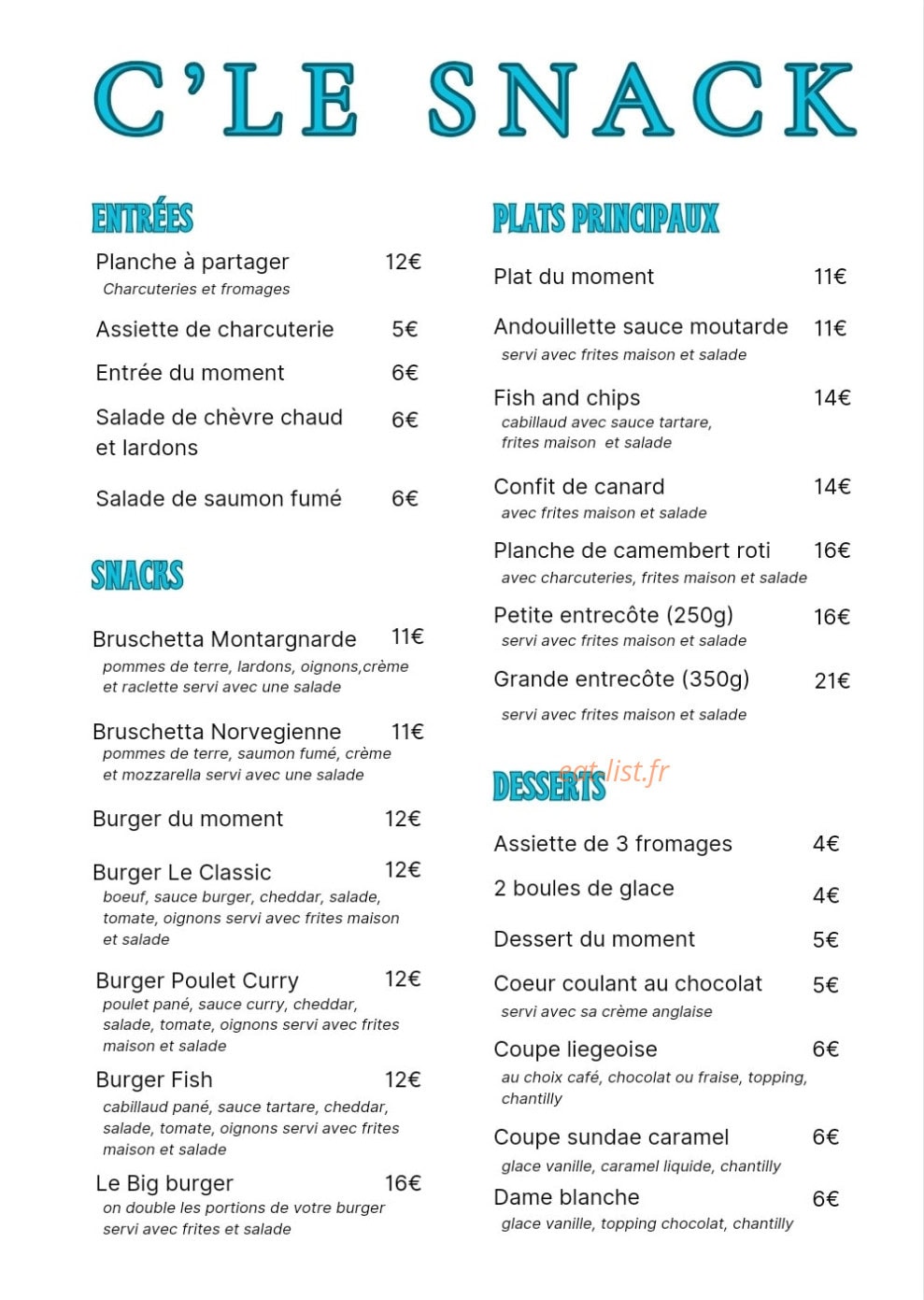 C' Le Snack — carte page 1