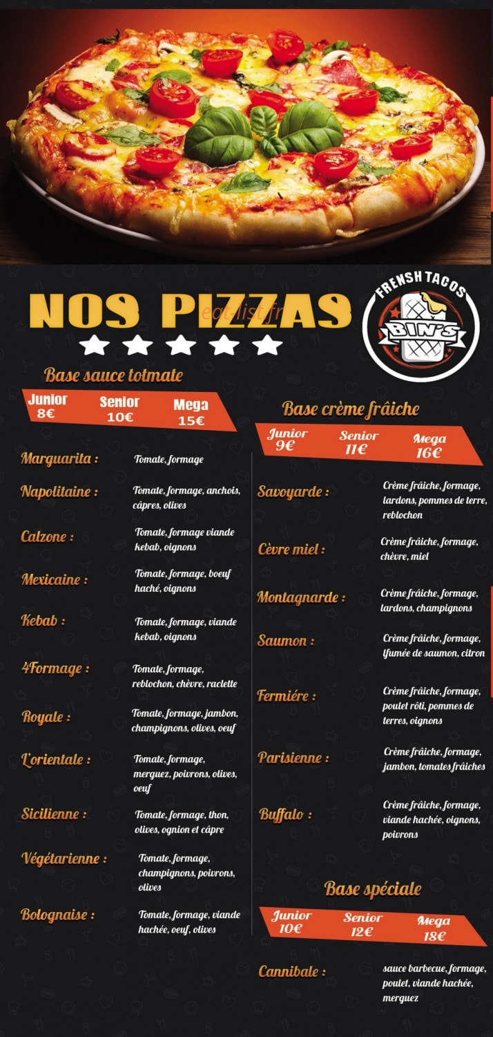 Bin's Pizza — carte page 2