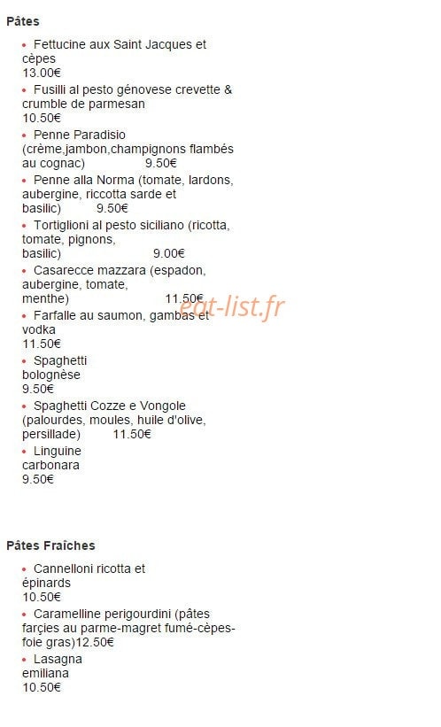 Carte et menu de Casa Pietro à Villeneuve sur Lot — Les pâtes