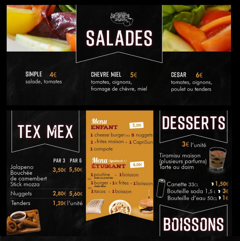 Carte et menu de Grillade Avenue à Villeneuve sur Lot — Les salades, desserts,....