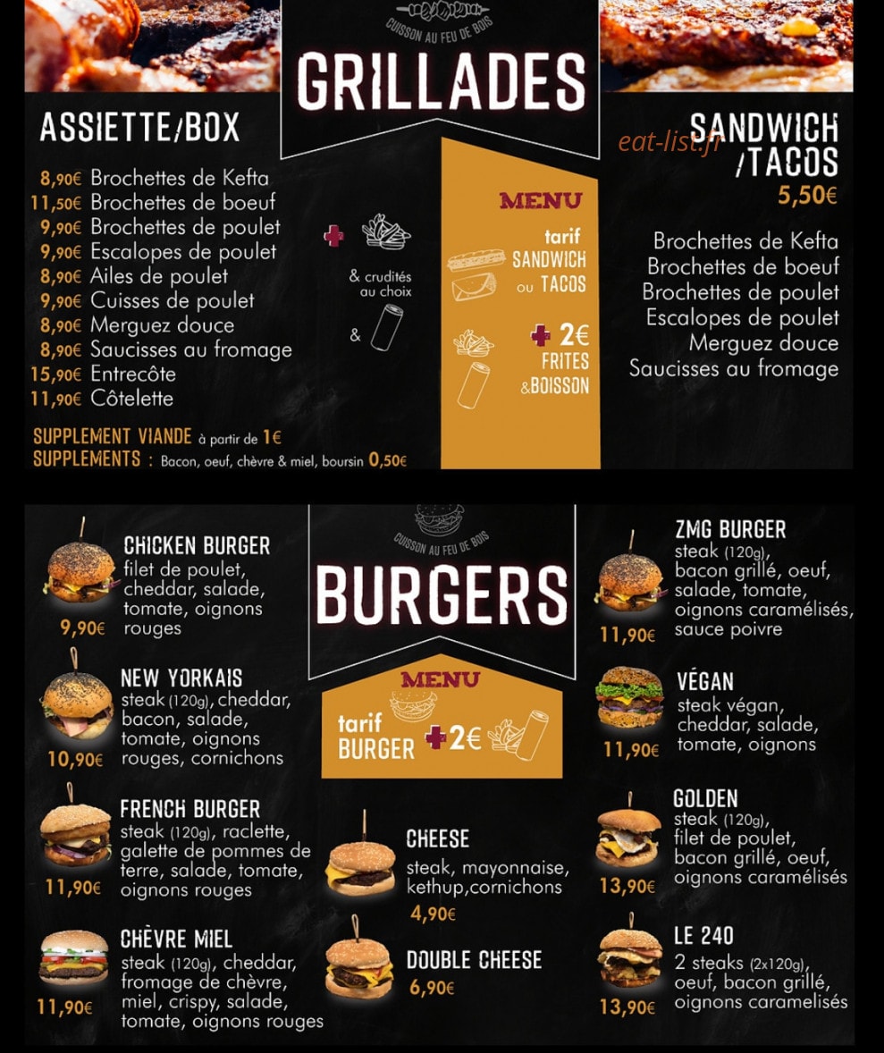 Carte et menu de Grillade Avenue à Villeneuve sur Lot — Les sandwichs, assiettes et burgers
