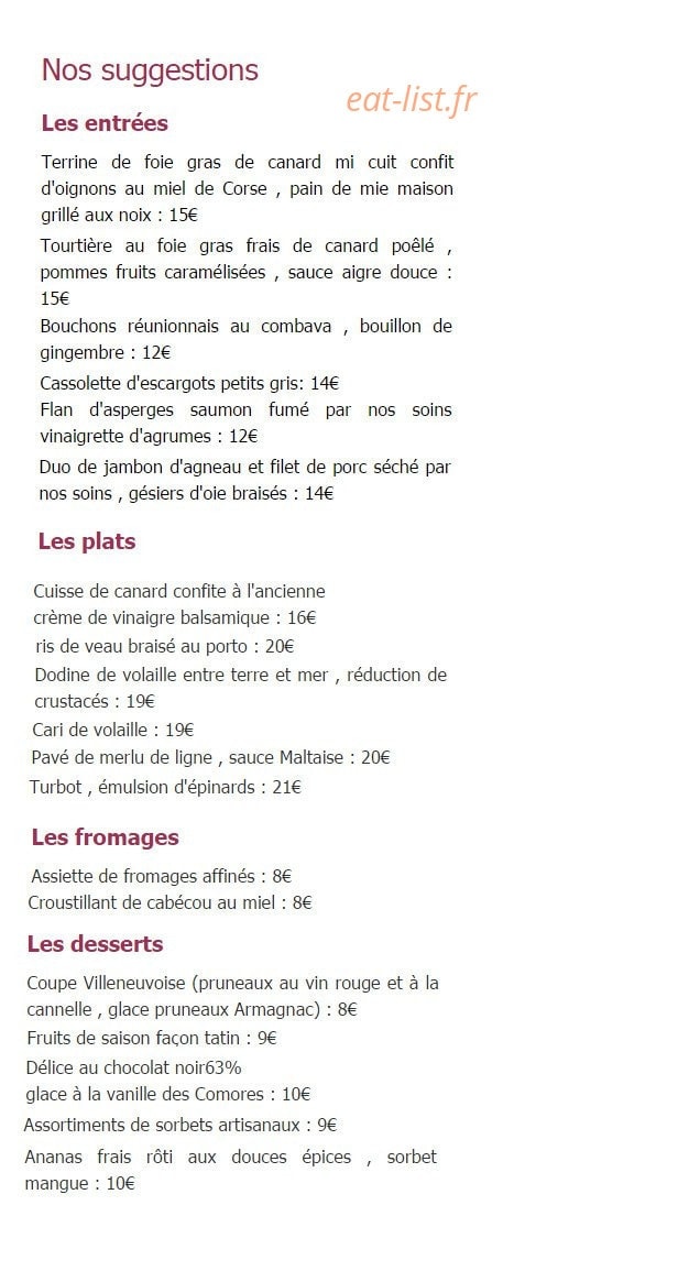 Carte et menu de Hostellerie du Rooy à Villeneuve sur Lot — Les suggestions