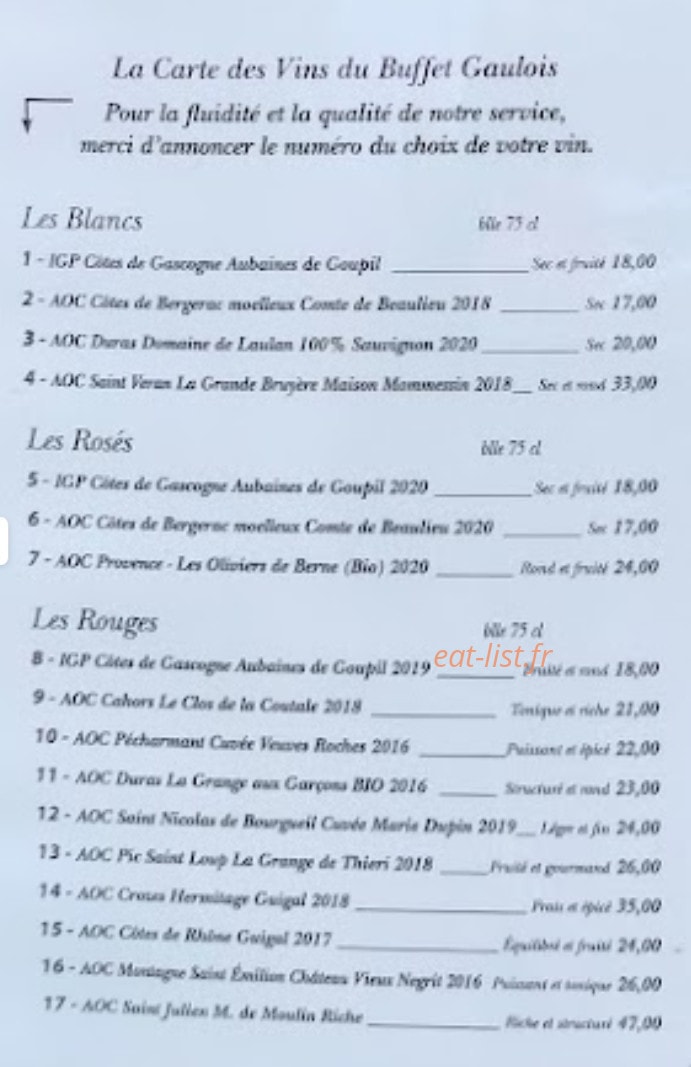 Carte et menu de Le Buffet Gaulois à Villeneuve sur Lot — La carte des vins