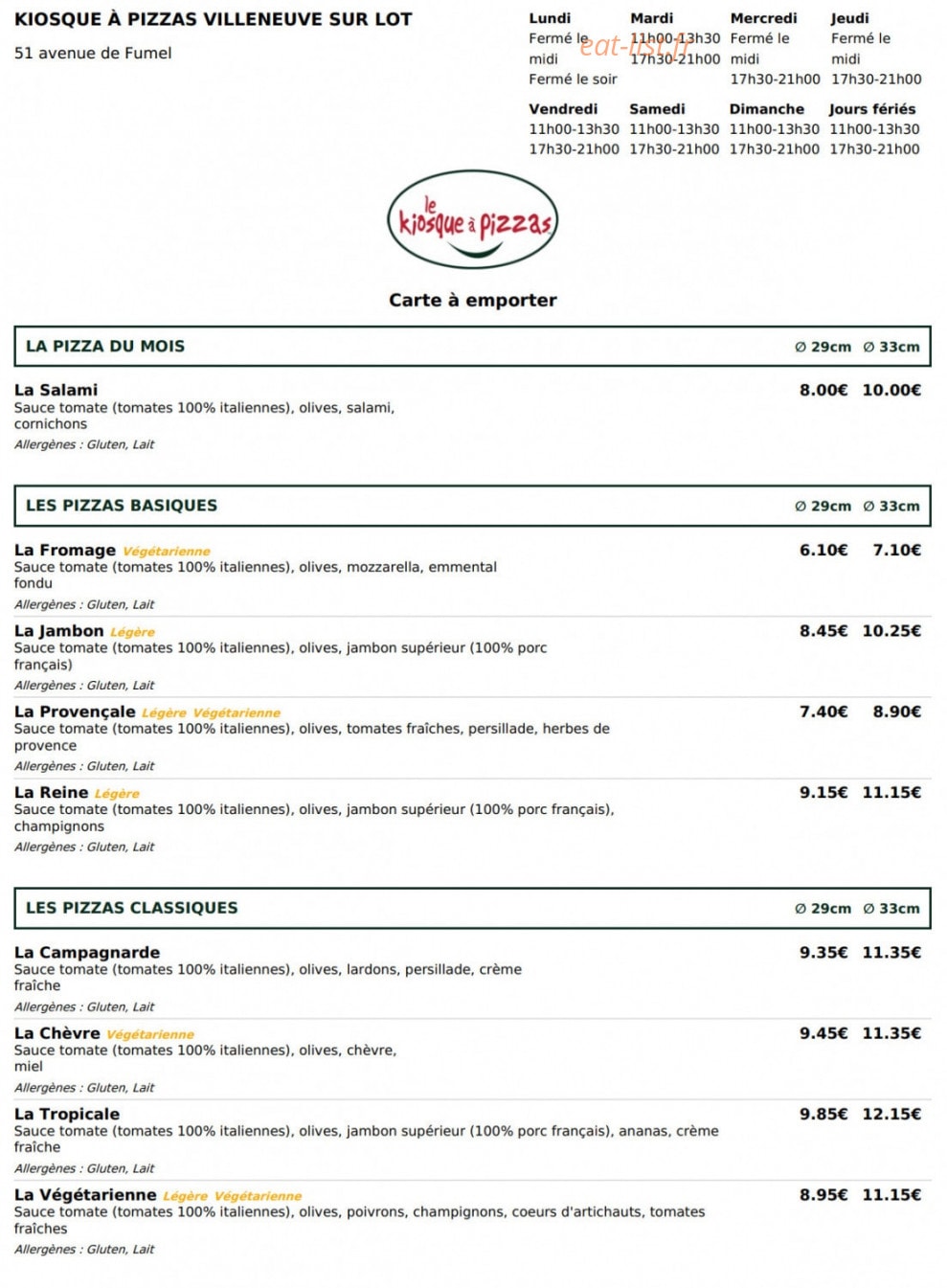 Le Kiosque à Pizzas — carte page 1