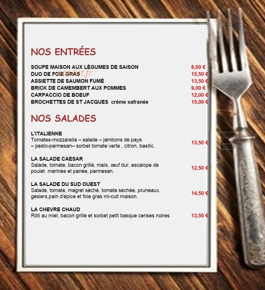 Carte et menu de Le P'tit Paris à Villeneuve sur Lot — Les entrées et salades