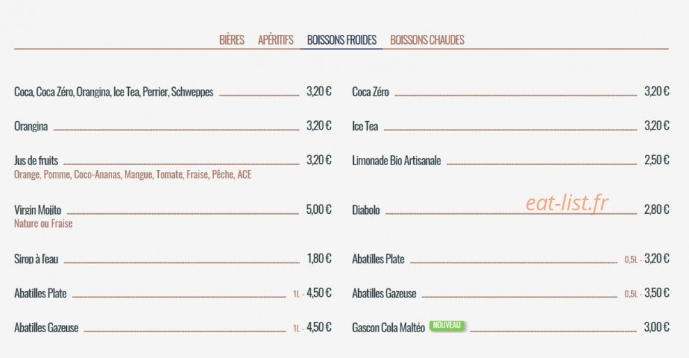 Carte et menu de Le Parvis à Villeneuve sur Lot — Les boissons froides