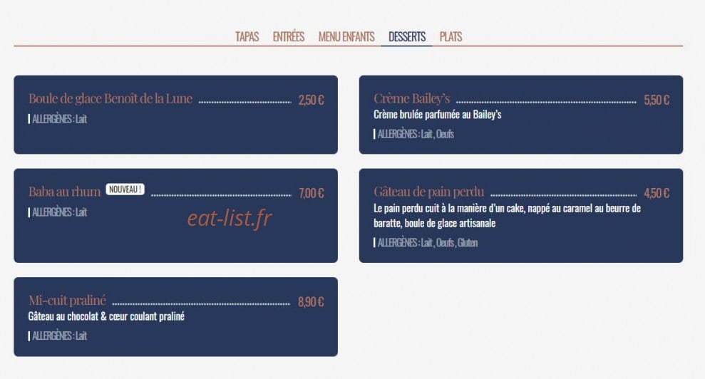 Carte et menu de Le Parvis à Villeneuve sur Lot — Les desserts