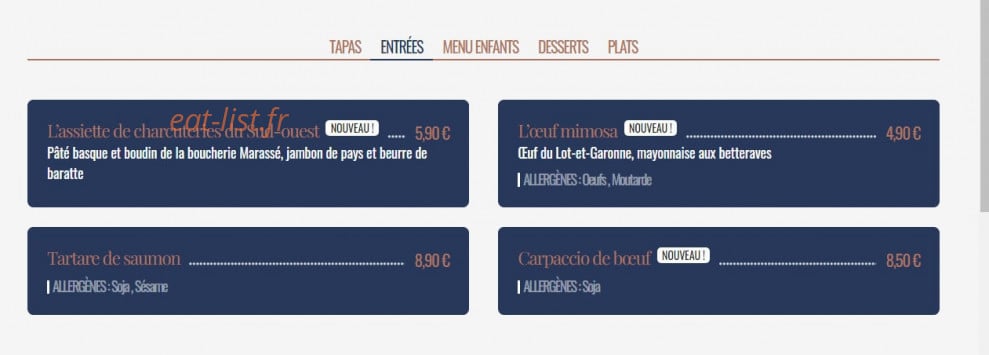 Carte et menu de Le Parvis à Villeneuve sur Lot — Les entrées