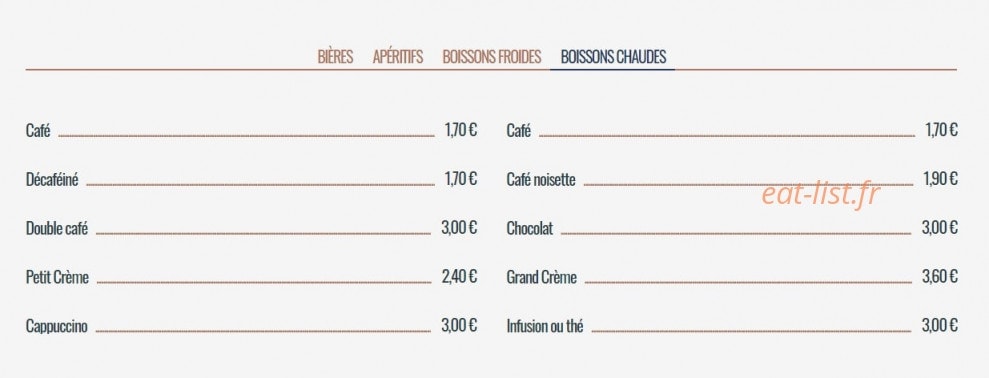 Carte et menu de Le Parvis à Villeneuve sur Lot — Les boissons chaudes