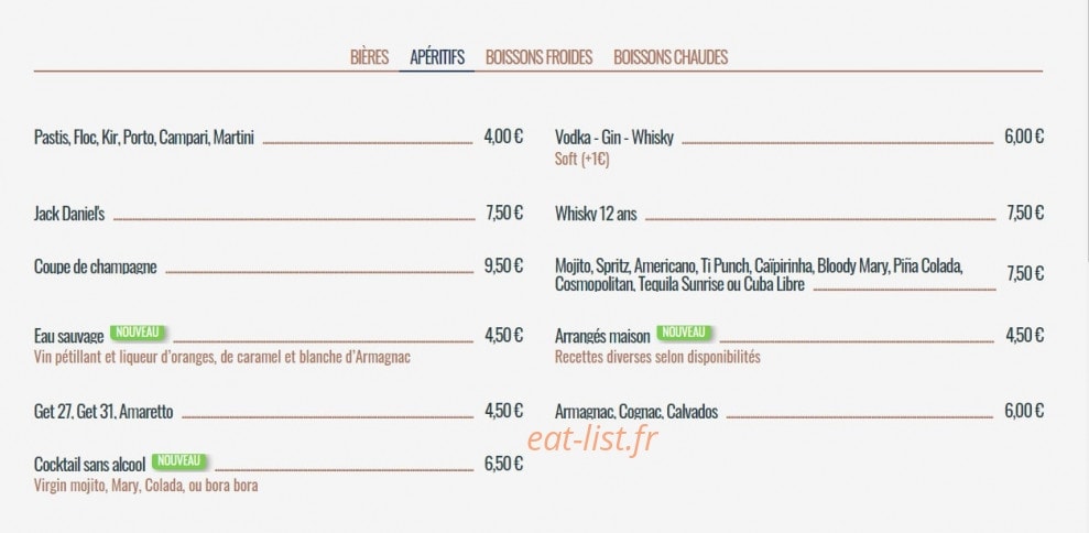 Carte et menu de Le Parvis à Villeneuve sur Lot — Les apéritifs