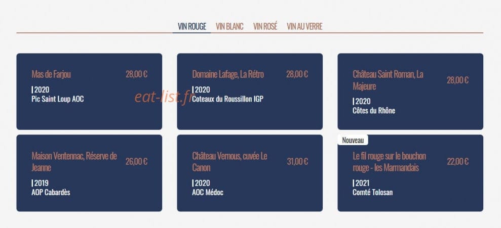 Carte et menu de Le Parvis à Villeneuve sur Lot — Les vins rouges