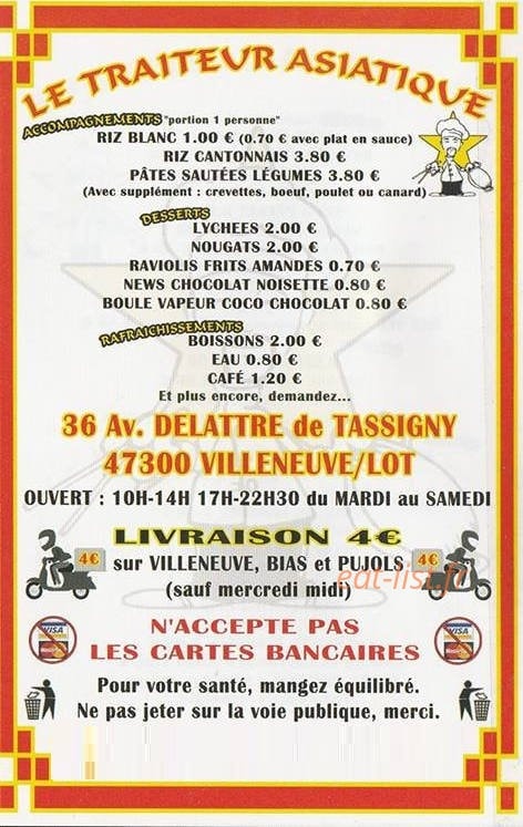 Carte et menu de Le traiteur asiatique à Villeneuve sur Lot — les accompagnements et desserts,...