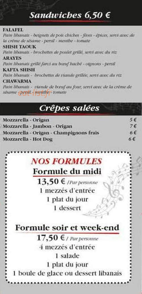 Carte et menu de Restaurant Fayrouz à Villeneuve sur Lot — Les sandwichs, crepes et formules