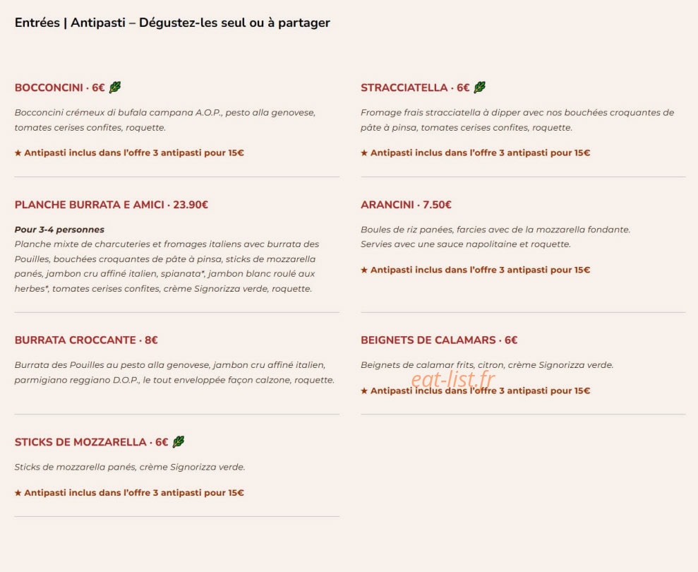 Carte et menu de Signorizza à Villeneuve sur Lot — Les entrées