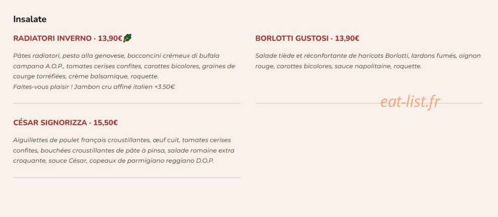 Carte et menu de Signorizza à Villeneuve sur Lot — Les salades
