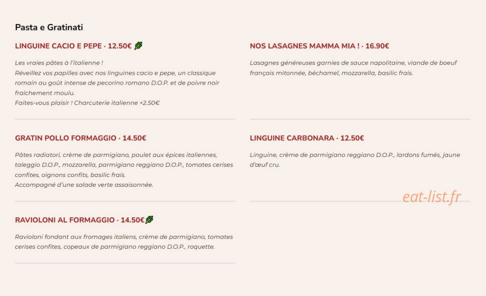 Carte et menu de Signorizza à Villeneuve sur Lot — Les pates
