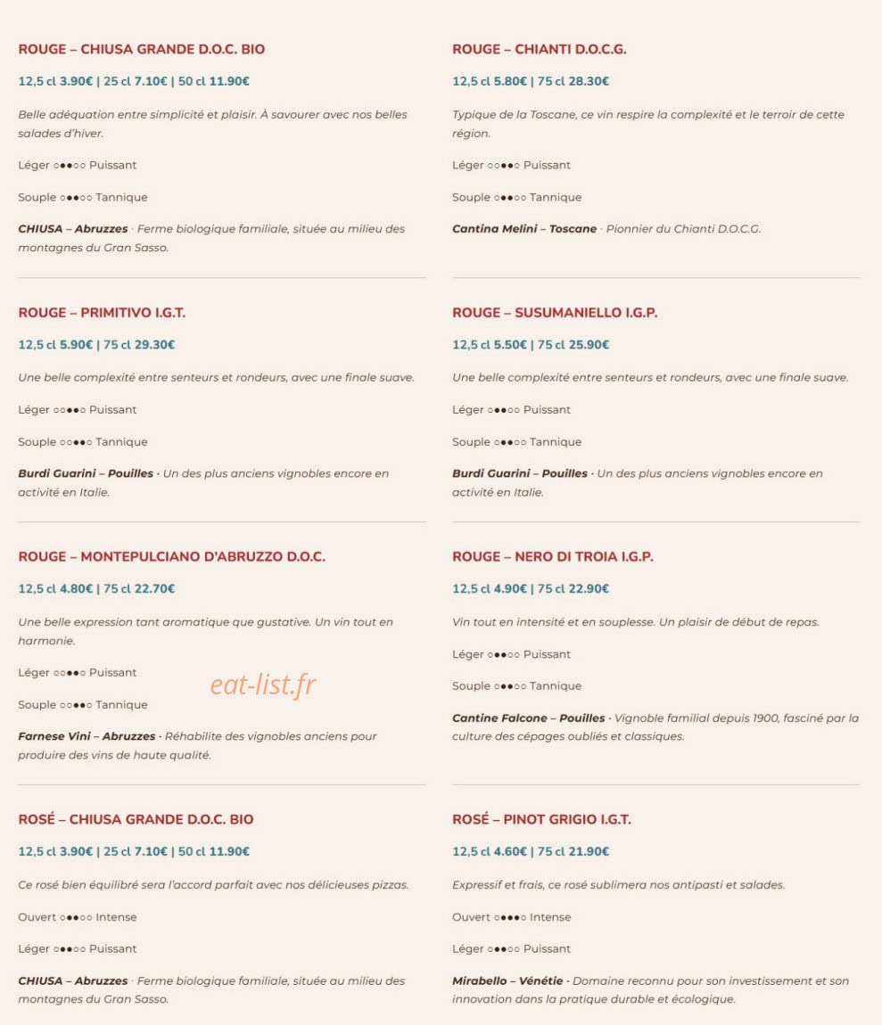 Carte et menu de Signorizza à Villeneuve sur Lot — Les vins