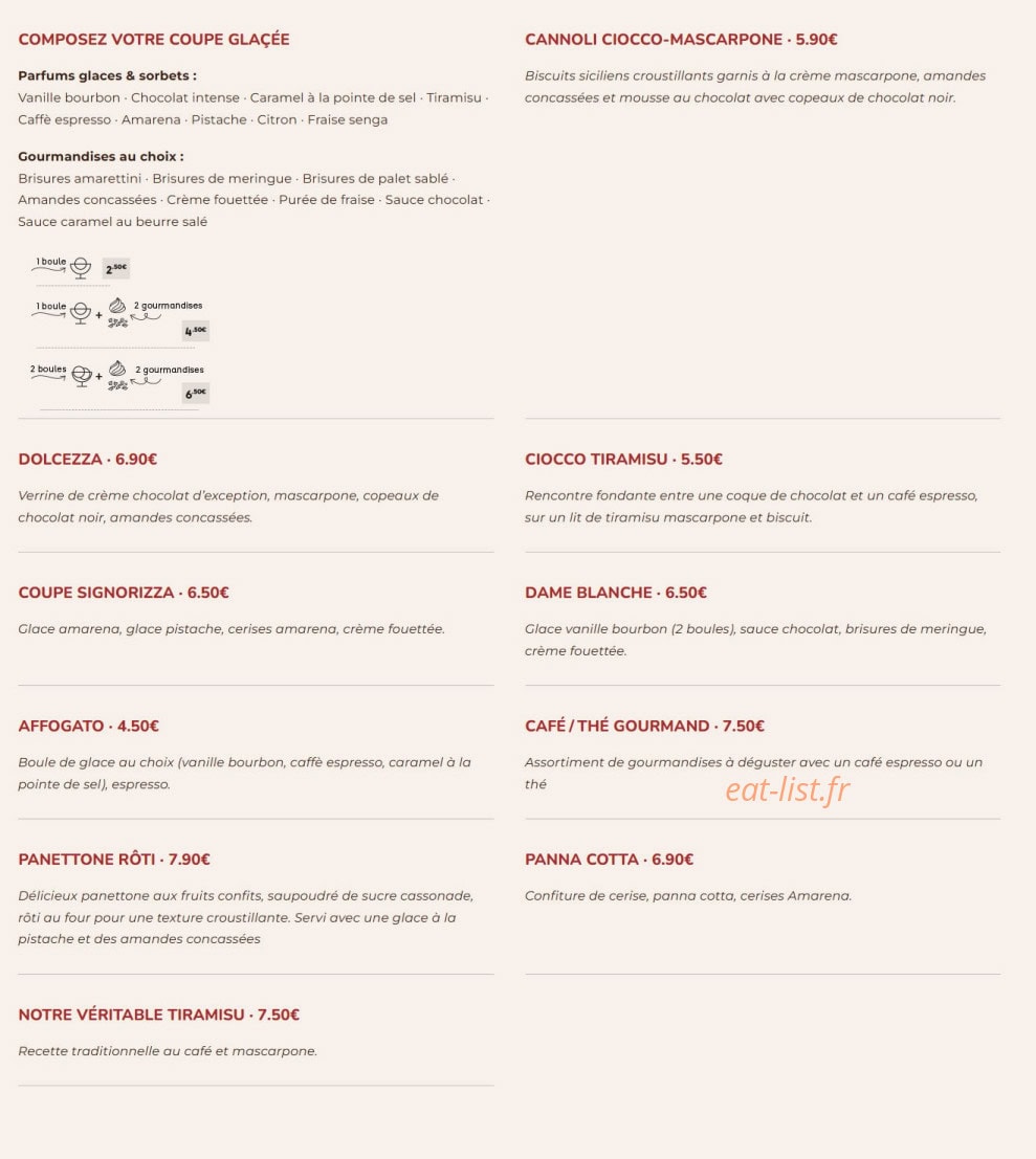 Carte et menu de Signorizza à Villeneuve sur Lot — Les desserts
