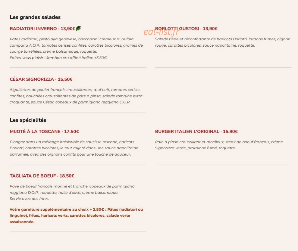 Carte et menu de Signorizza à Villeneuve sur Lot — Les spécilaités italienne