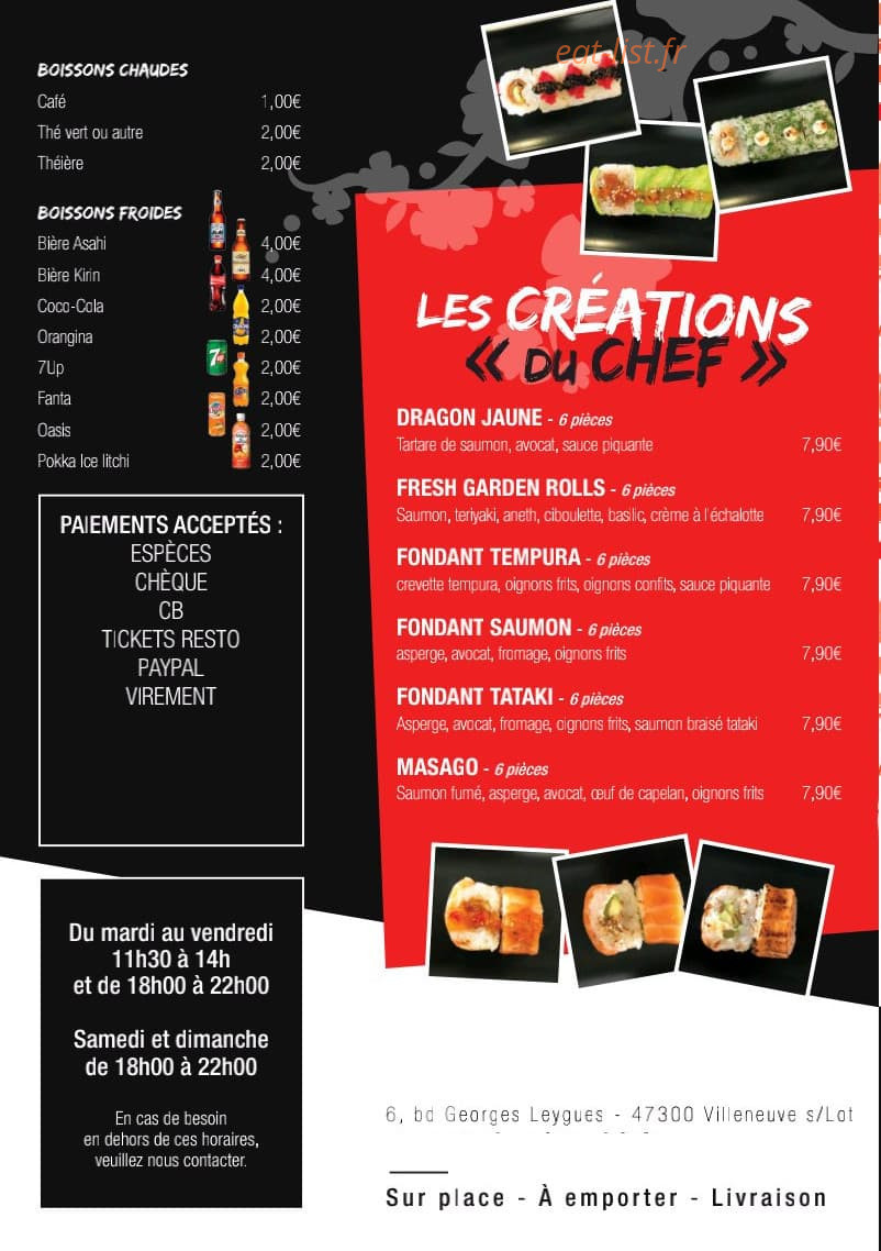 Carte et menu de Sukani à Villeneuve sur Lot — Les boissons et créations du chef