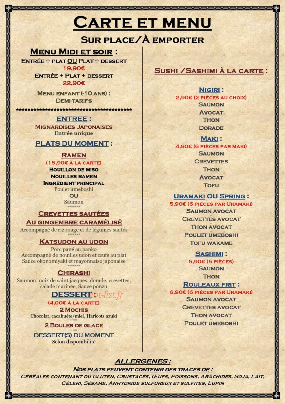 Carte et menu de Wa-futsu à Villeneuve sur Lot — La carte