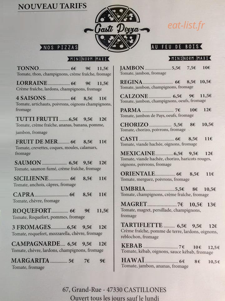 Casti Pizza — carte page 1