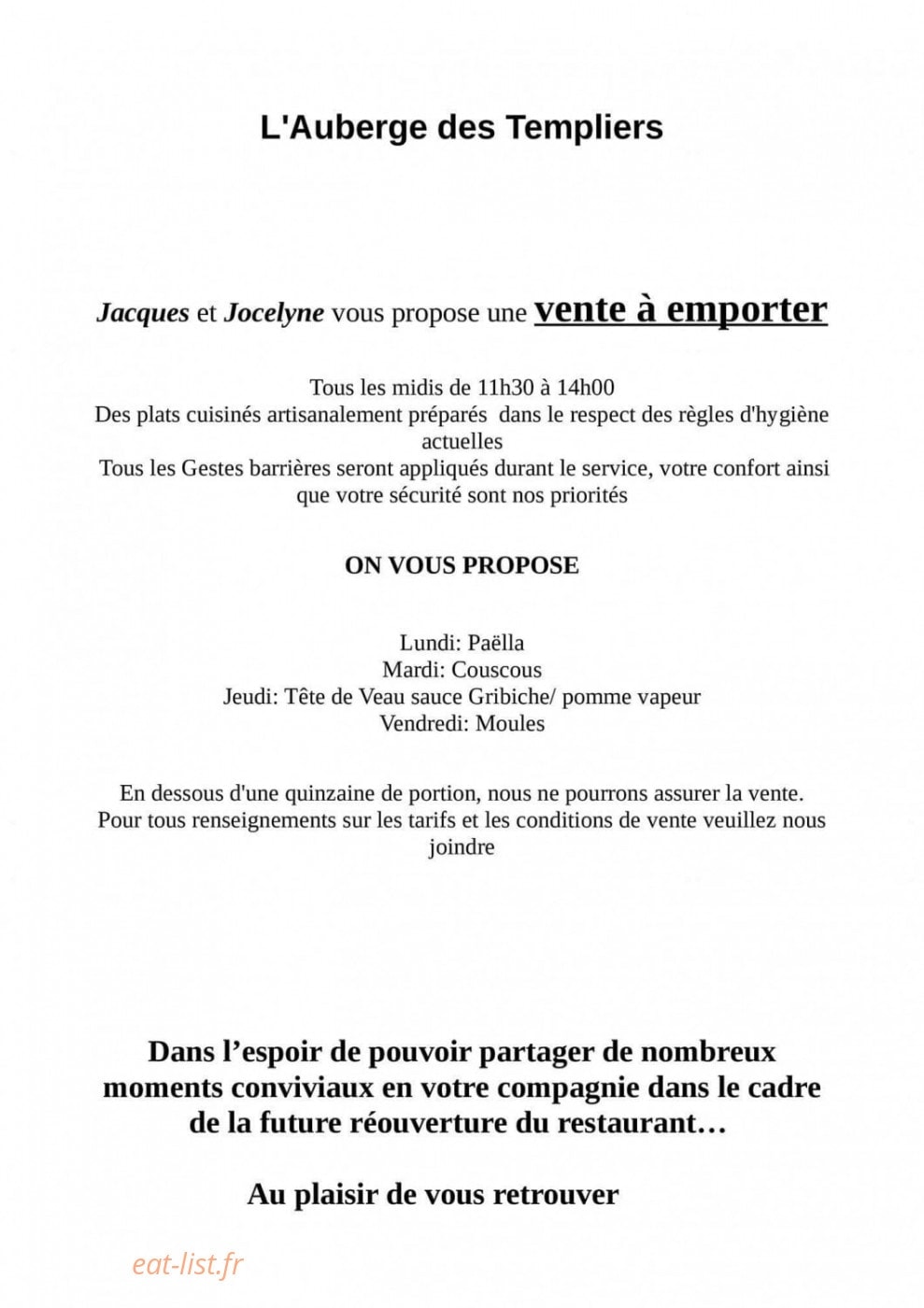 Auberge des Templiers — carte page 1