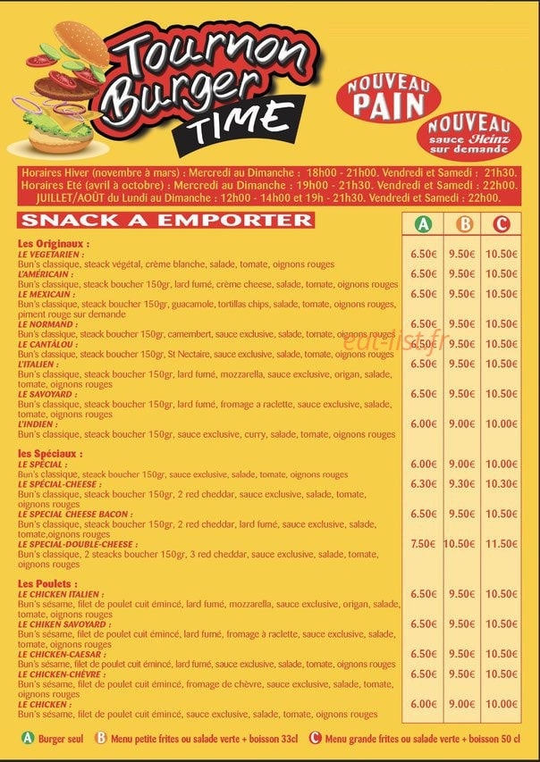 Tournon Burger Time — carte page 1