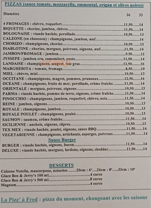 Les Pizz' à Fred — carte page 1