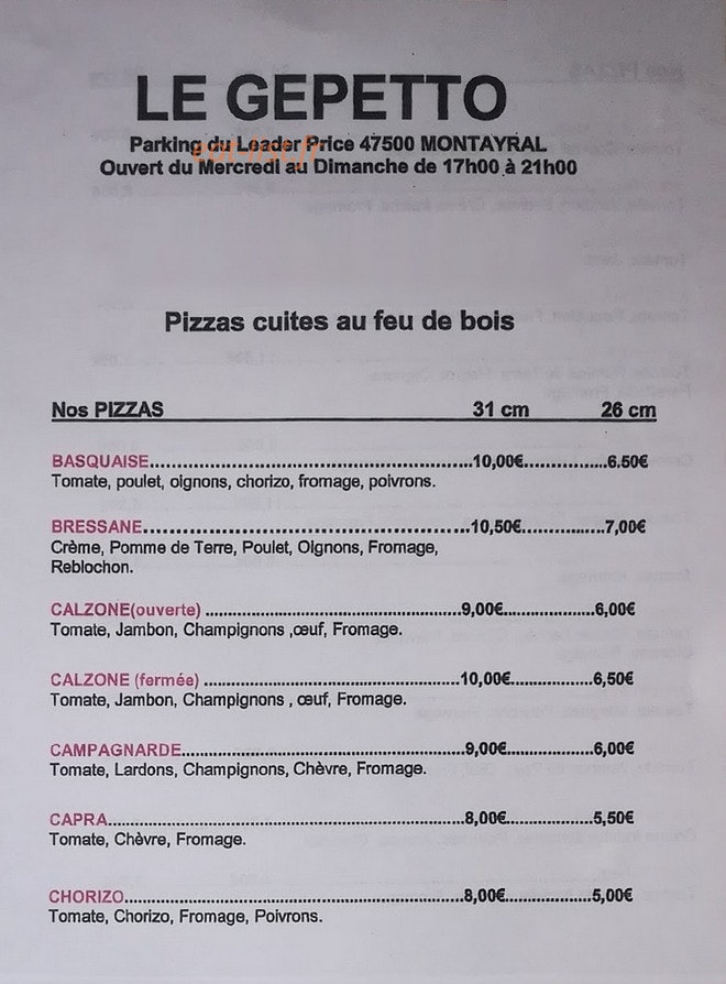 Carte et menu de Pizzeria Le Gepetto à Montayral — Les pizzas