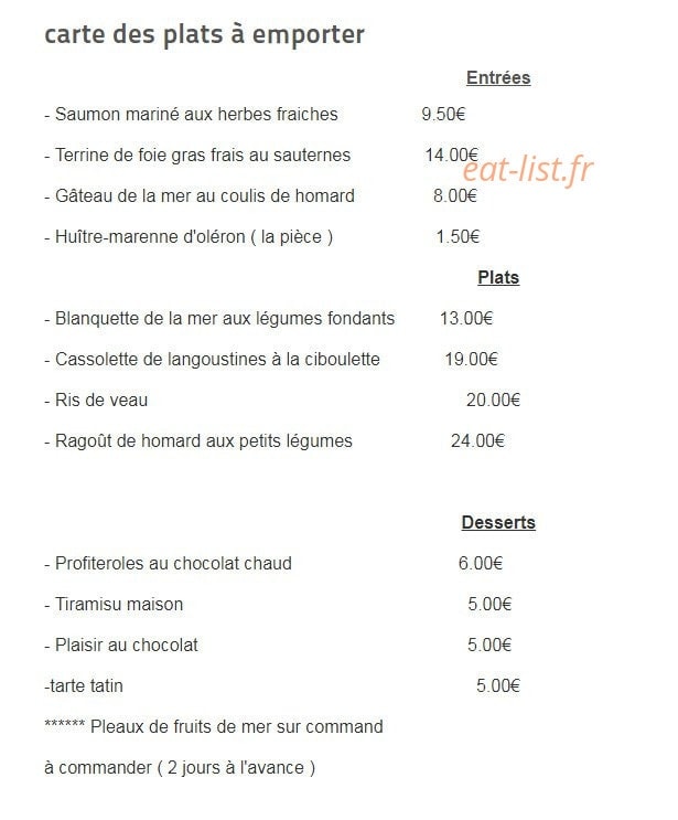 Carte et menu de Restaurant Océanis à Foulayronnes — Les plats à emporter